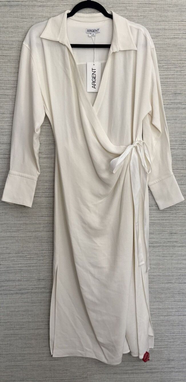 Argent Draped Shirt Dress Ivory Wool Crepe Size Medium Quiet Luxury